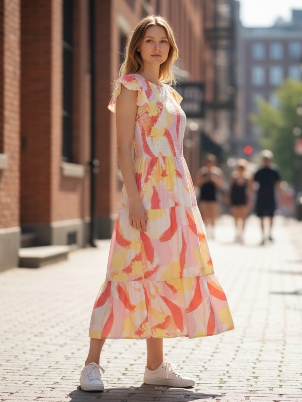 LuLaRoe Gracie Flutter-Sleeve Tiered Maxi Dress in Pink & Yellow Size Medium NWT